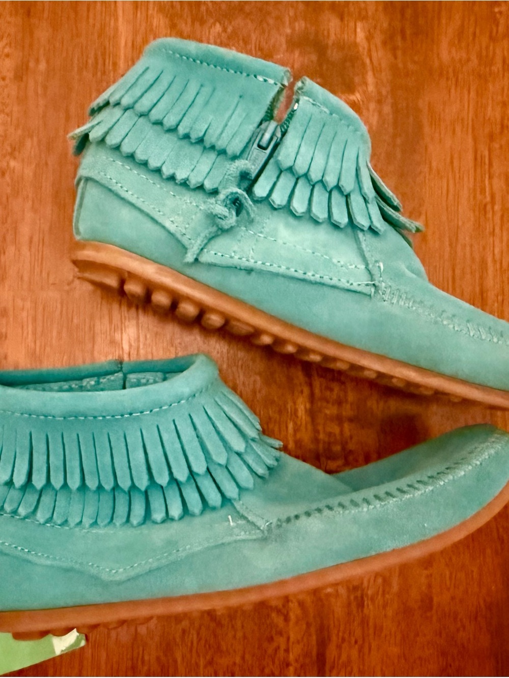 Minnetonka Teal Suede Fringe Moccasin Ankle Shoes Sz 4 - Rodeo Ready